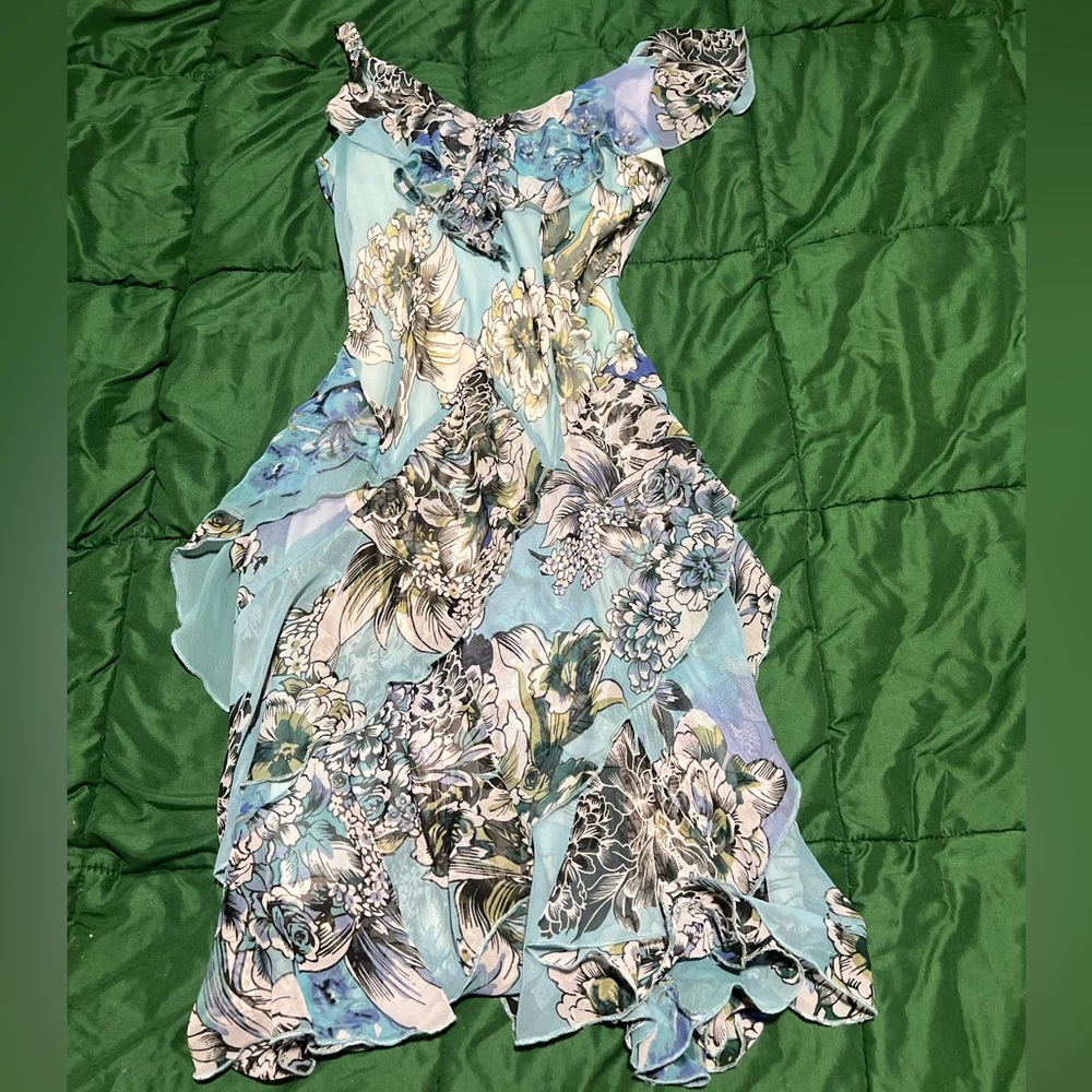 VTG Y2K Ruffled Light Blue Floral Frilly Fairycore Coquette Dress Size 4